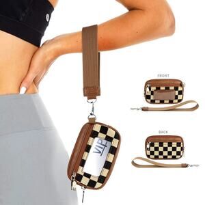 Checkered ID Wallet Vegan Leather Canvas Wristlets Brown
